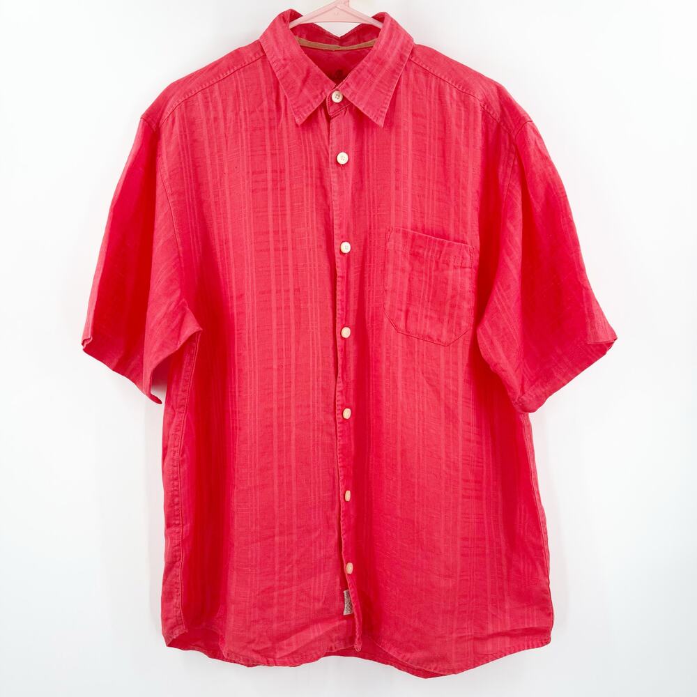 TOMMY BAHAMA Shirt Size Medium Men's 100% Linen Short Sleeve Orange/Red Stripe